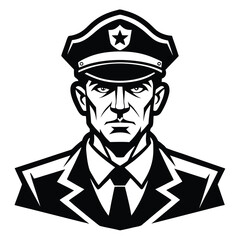 Police Officer Portrait – Black and White Vector Illustration of Law Enforcement Man in Uniform