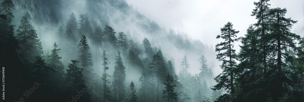 Poster forest with trees covered in fog