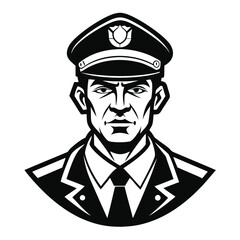 Police Officer Portrait – Black and White Vector Illustration of Law Enforcement Man in Uniform
