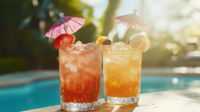 Tropical cocktails by the pool with umbrellas, summer vacation refreshment drinks