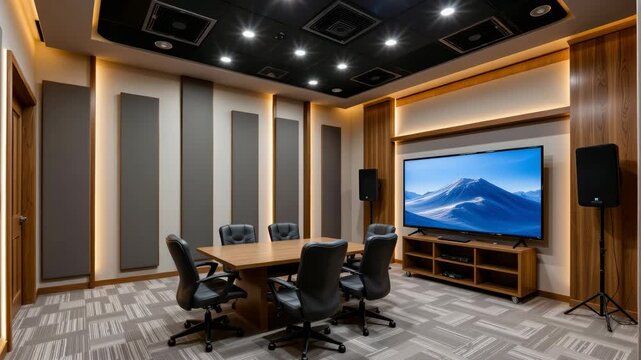 Modern conference room featuring wooden table, black leather chair, large flat screen TV with mountain landscape, acoustic panel walls, ceiling light creating warm ambiance, carpet floor, speaker