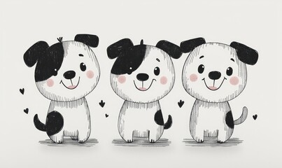 Three cartoon dogs in black and white.  Cute and happy