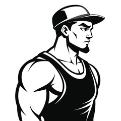 Strong Man Illustration – Black and White Vector of Muscular Athlete in Cap