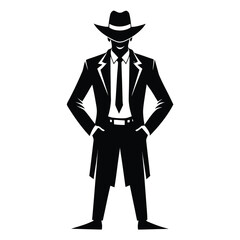 Cowboy in Suit Silhouette – Black Vector Illustration of Man in Hat and Tie