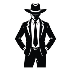 Cowboy in Suit Silhouette – Black Vector Illustration of Man in Hat and Tie