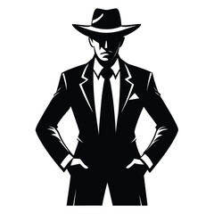 Cowboy in Suit Silhouette – Black Vector Illustration of Man in Hat and Tie