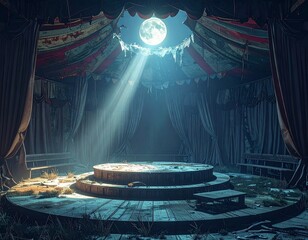 Abandoned paper circus tent with a spooky podium