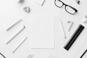 White paper surrounded by stationery items including pencils glasses and ruler.