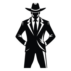 Cowboy in Suit Silhouette – Black Vector Illustration of Man in Hat and Tie
