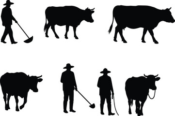 Farmer and Cow Silhouette Vector Set with Shovel, Rope, Livestock Icons, Agriculture Scene, Rural Life, Isolated on White Background