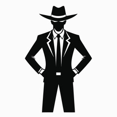 Cowboy in Suit Silhouette – Black Vector Illustration of Man in Hat and Tie