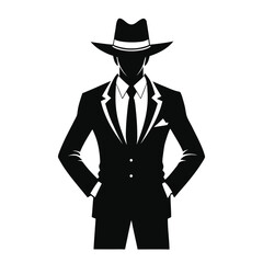 Cowboy in Suit Silhouette – Black Vector Illustration of Man in Hat and Tie