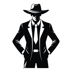 Cowboy in Suit Silhouette – Black Vector Illustration of Man in Hat and Tie