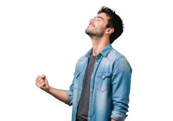 Young man gesturing upwards with fist clenched in dramatic pose against dark backdrop transparent background