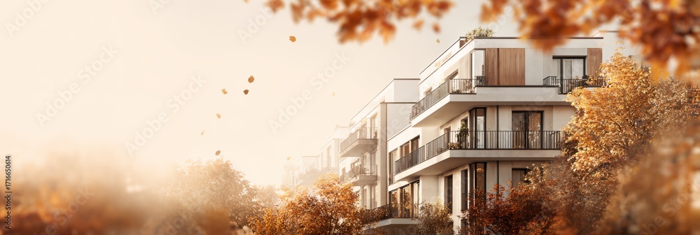 Poster Building with a balcony and a tree in front of it