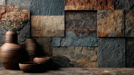 Earthenware pottery and dried flowers against a stone wall background