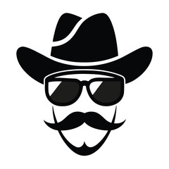 Cowboy Face Icon – Black Silhouette Vector of Man with Hat, Sunglasses, Mustache, and Beard
