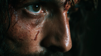 Obraz premium Close-up of the portrait of Jesus Christ wearing a crown of thorns.