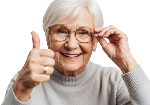 Happy senior woman with glasses giving thumbs up approval transparent background