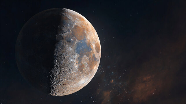 A half-lit celestial body in space showing craters and texture against a starry backdrop