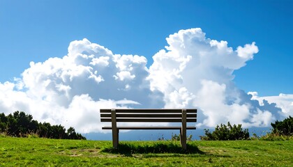 Empty park bench under a vast sky
