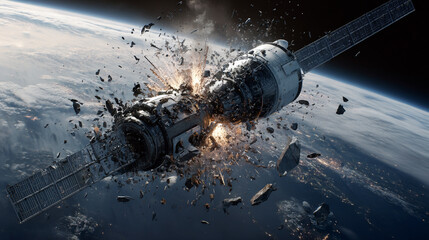 Obraz premium Satellite exploding in space debris scattering Earth below