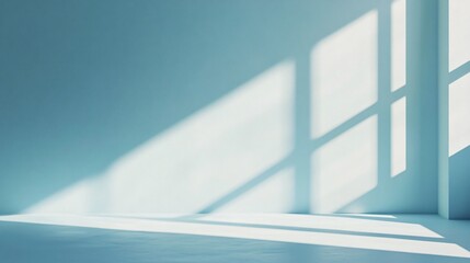 Sunlight streams through a window casting shadows on a blue wall and floor.