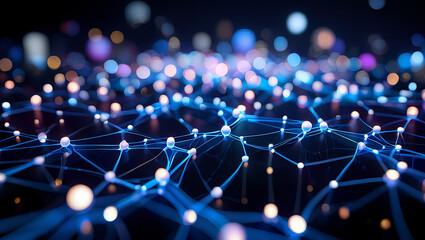 Abstract Network of Interconnected Nodes with Glowing Spheres and Blue Lines on Black Background