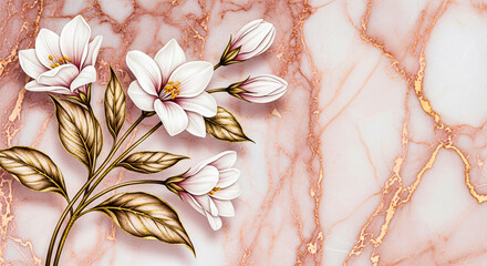 Elegant white magnolia flowers with subtle pink hues and green leaves cascade down a soft pink marble surface with delicate gold veining