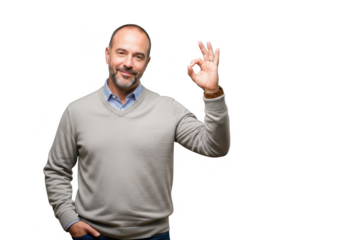 Smiling middle aged man gesturing ok sign with right hand clothing professional business confidence transparent background