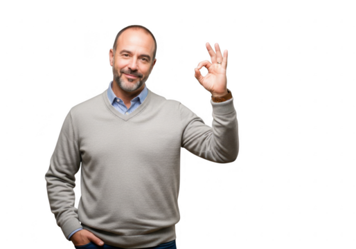 Smiling middle aged man gesturing ok sign with right hand clothing professional business confidence transparent background