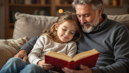 Father reading storybook with daughter at home