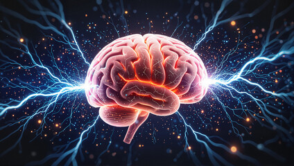 Human brain glowing with electric energy sparks