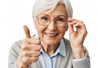 Elderly woman with glasses gives thumbs up gesture of approval and happiness transparent background