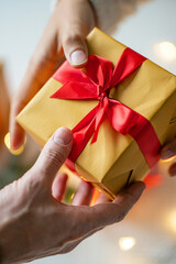 Gift Giving Moment Presenting a Beautiful Gold Box with a Ribbon