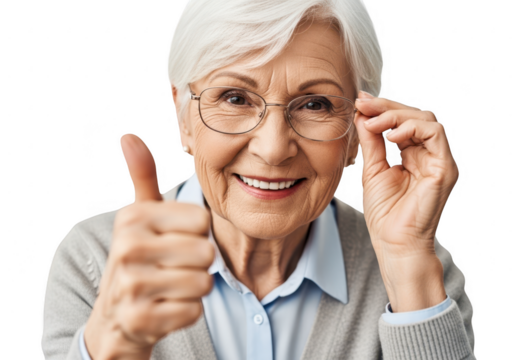Elderly woman with glasses gives thumbs up gesture of approval and happiness transparent background