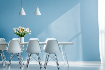 Dining room interior with white table chairs flowers and blue wall.