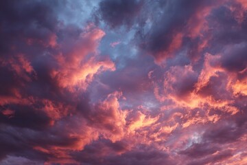 Obraz premium Fiery sunset cloudscape Dramatic sky texture background Orange and purple clouds Colorful cloudscape image Nature photography