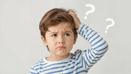 Confused boy touching head with question marks