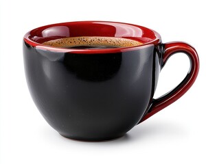 A full cup of dark coffee in a black and red mug