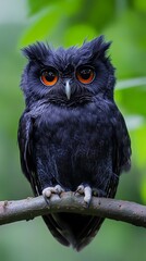 Strikingly dark black owl with fiery red eyes perched on a branch amidst greenery