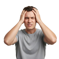 Fototapeta premium Man Experiencing Severe Headache: Pain, Stress, Migraine Symptoms on white background