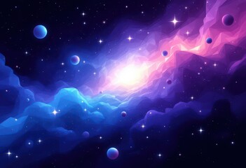A vibrant depiction of a cosmic landscape, filled with swirling nebulae in shades of blue and pink, punctuated by scattered stars and celestial bodies.