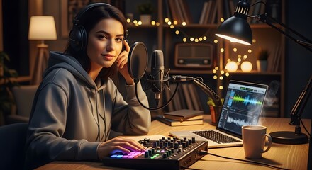Young woman wearing headphones and a hoodie, sitting at a desk with a microphone and audio mixing equipment, recording a podcast or music in a home studio