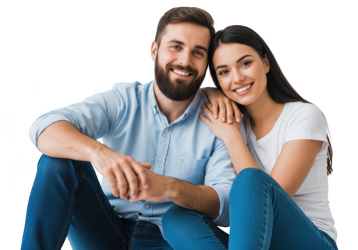 Happy couple sitting together smiling warmly captured in a casual moment transparent background
