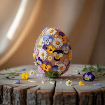 Decorative egg adorned with flowers on wooden surface  