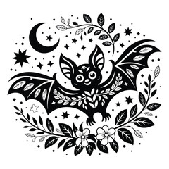 Whimsical Bat Vector Illustration with Moon, Stars, and Floral Elements Isolated on White