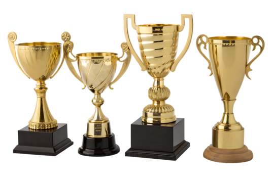 Set of five shiny gold trophies, isolated on AI generated by PNG