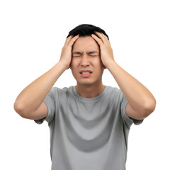 Fototapeta premium Man Experiencing Severe Headache, Stress, Pain, Migraine on white background
