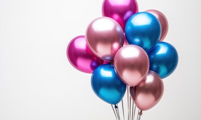 Bunch of colorful metallic balloons against a plain background